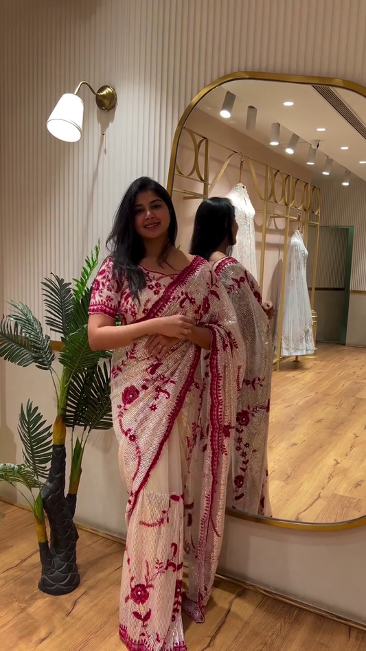 Cream and Red Embroidered Sequin Saree with Intricate Floral Thread Work and Matching Designer Blouse – Perfect for Wedding Receptions, Parties, and Festive Occasions
