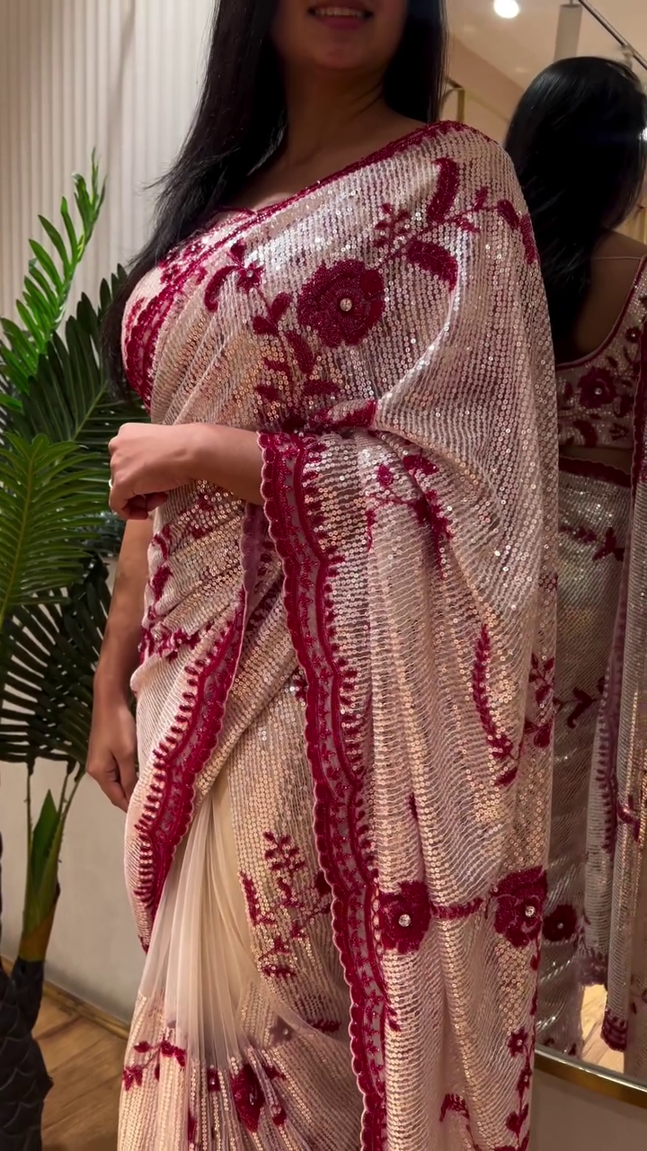 Cream and Red Embroidered Sequin Saree with Intricate Floral Thread Work and Matching Designer Blouse – Perfect for Wedding Receptions, Parties, and Festive Occasions