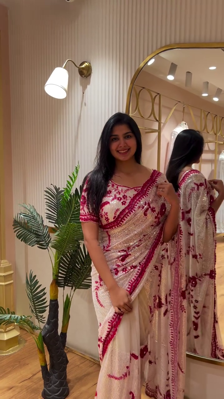 Cream and Red Embroidered Sequin Saree with Intricate Floral Thread Work and Matching Designer Blouse – Perfect for Wedding Receptions, Parties, and Festive Occasions