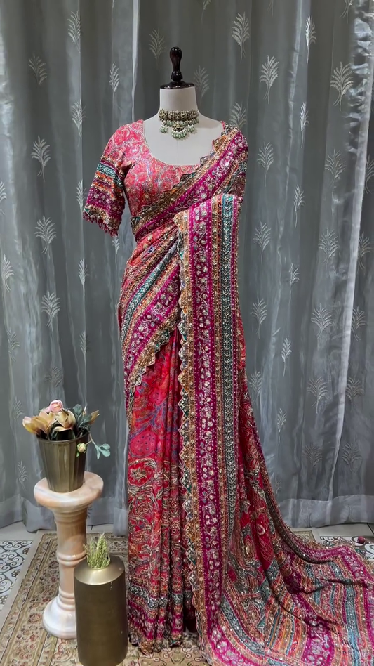 Traditional Multicolor Bandhani and Patola Fusion Saree with Heavy Zari Embroidered Border, Mirror Work Detailing, and Matching Intricate Blouse – Ideal for Weddings, Cultural Celebrations, and Festive Occasions