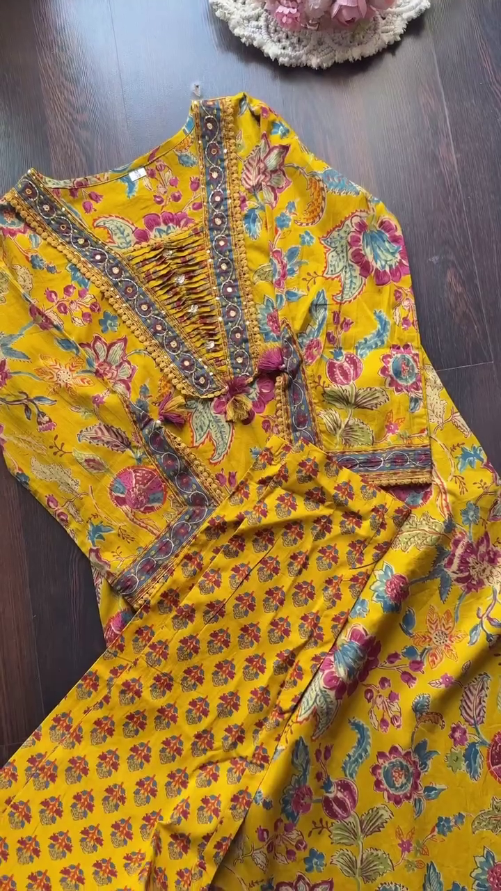 Traditional Ethnic Wear Cotton Kurti Set with Intricate Mirror Work, Thread Embroidery, Tassel Detailing and Vibrant Floral Print Design – Perfect for Festive and Casual Occasions