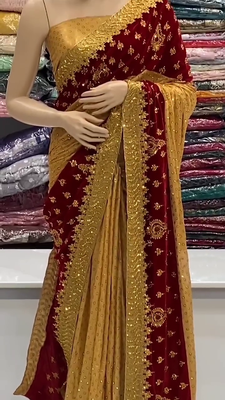 Maroon and Mustard Yellow Velvet Embroidered Saree with Heavy Golden Zari Work and Stone Detailing for Wedding and Festive Occasions