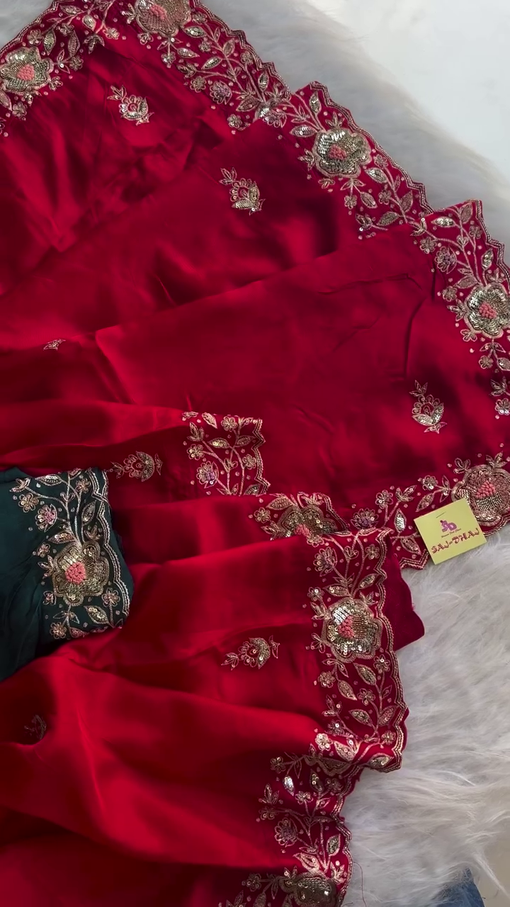 Luxurious Red Silk Saree with Heavy Golden Zari and Sequin Embroidery Border Paired with Contrasting Designer Blouse Pieces in Teal and Mustard Yellow Perfect for Weddings and Festive Occasions