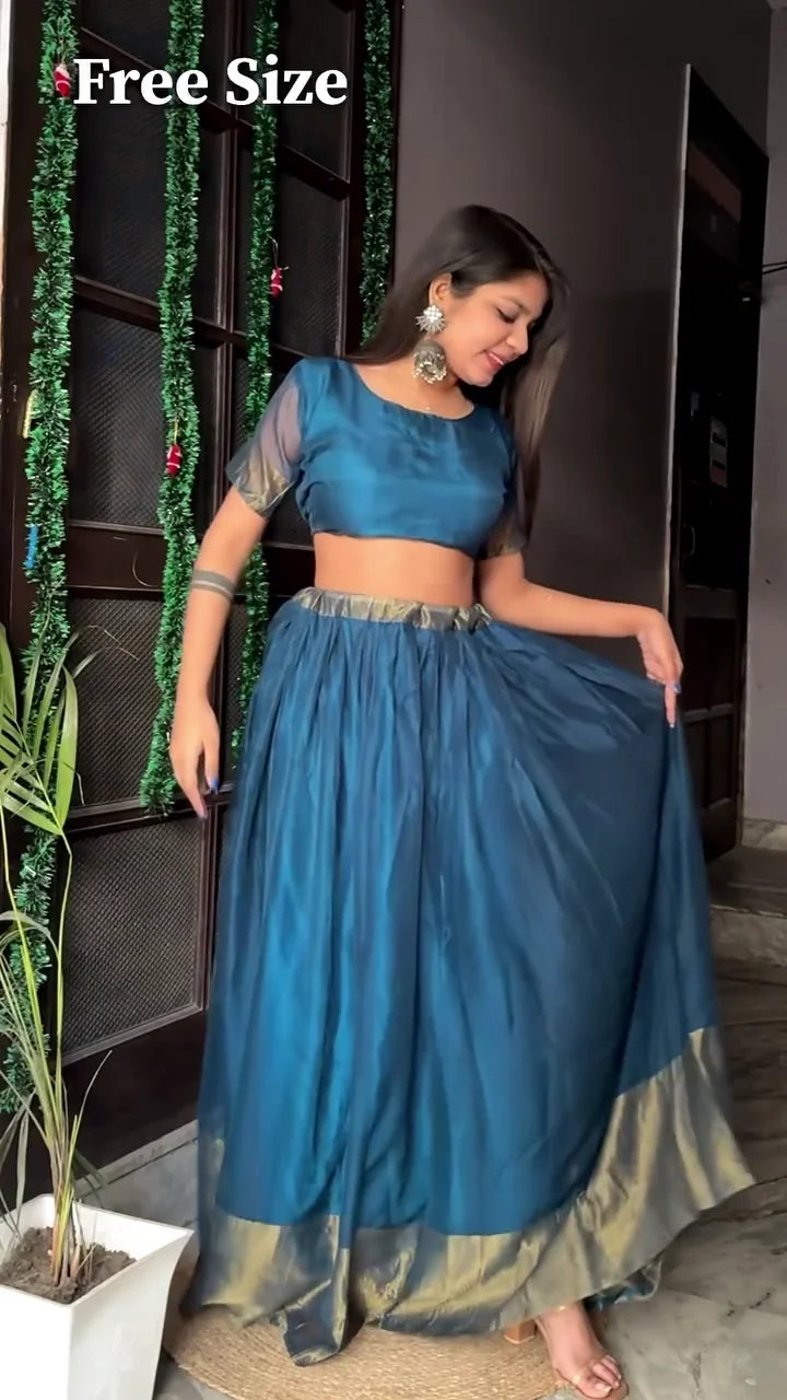 Elegant Teal Blue Silk Lehenga Choli with Golden Border – Free Size Traditional Party & Wedding Wear Outfit for Women