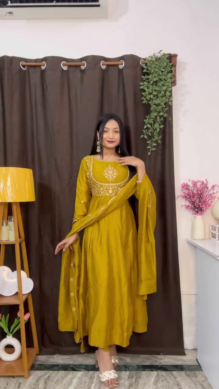 Mustard Yellow Embroidered Anarkali Dress with Elegant Gold Threadwork and Matching Dupatta for a Graceful Traditional Look