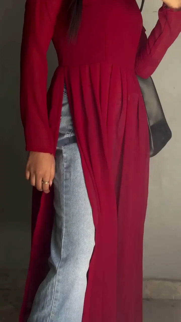 Red A-line Dress with Long Sleeves, Featuring a Flowy Silhouette and Elegant Neckline, Perfect for Casual Day Outings, Lunches