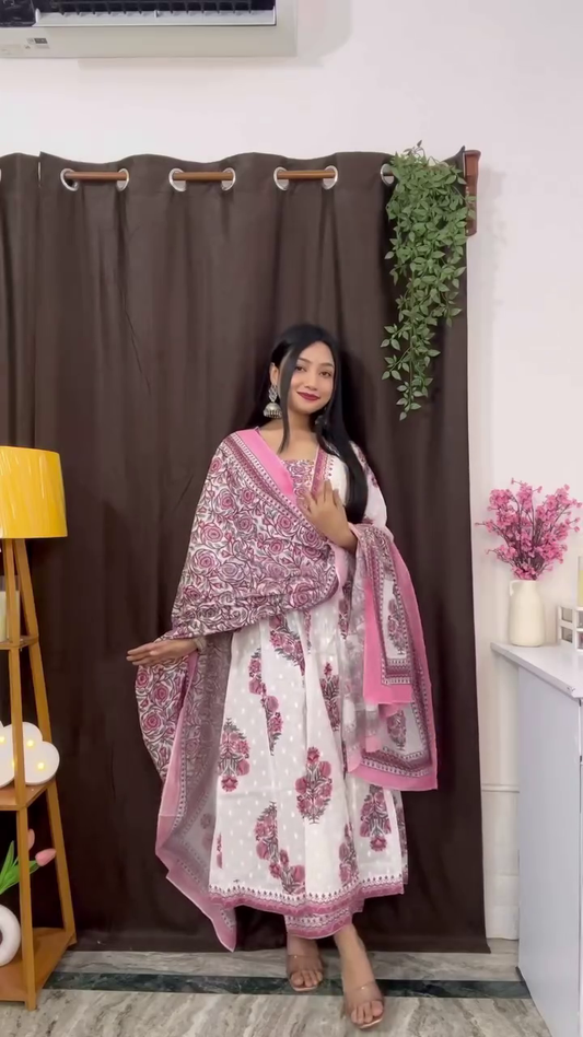 Floral Printed White and Pink Anarkali Dress with Elegant Dupatta for a Graceful Traditional Look