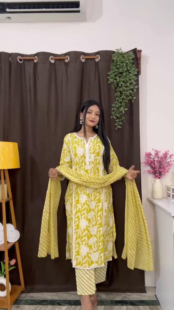 Yellow Floral Printed Suit with Striped Dupatta for a Fresh and Vibrant Ethnic Look