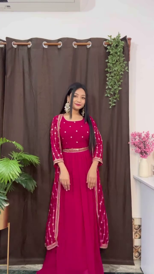 Navy Blue Embroidered Floor-Length Dress with Elegant Cape