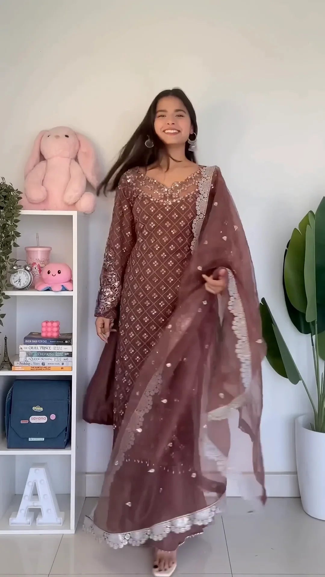 Brown Anarkali Dress with Intricate Threadwork and Sequin Detailing – Featuring a Beautiful Sheer Dupatta with Floral Lace Border