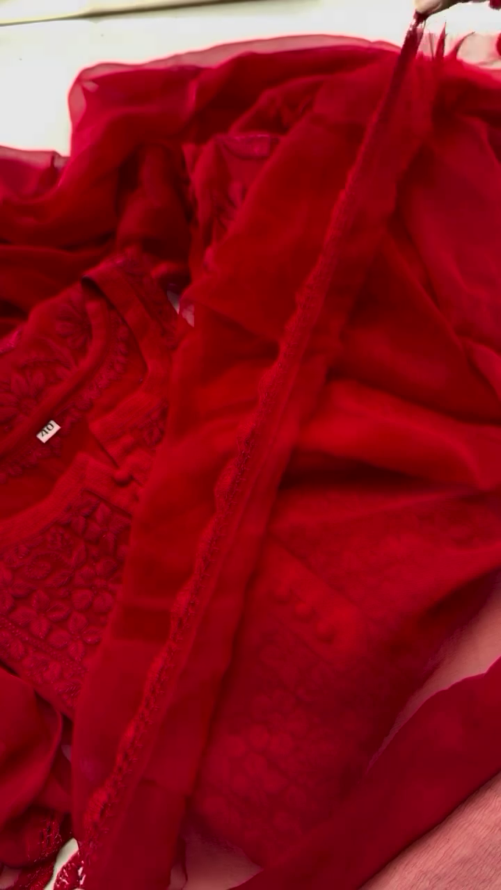 Red Embroidered Kurta Set with Matching Dupatta – Featuring Intricate Threadwork, Soft Fabric, and Graceful Detailing for Festive, Party, or Traditional Occasions