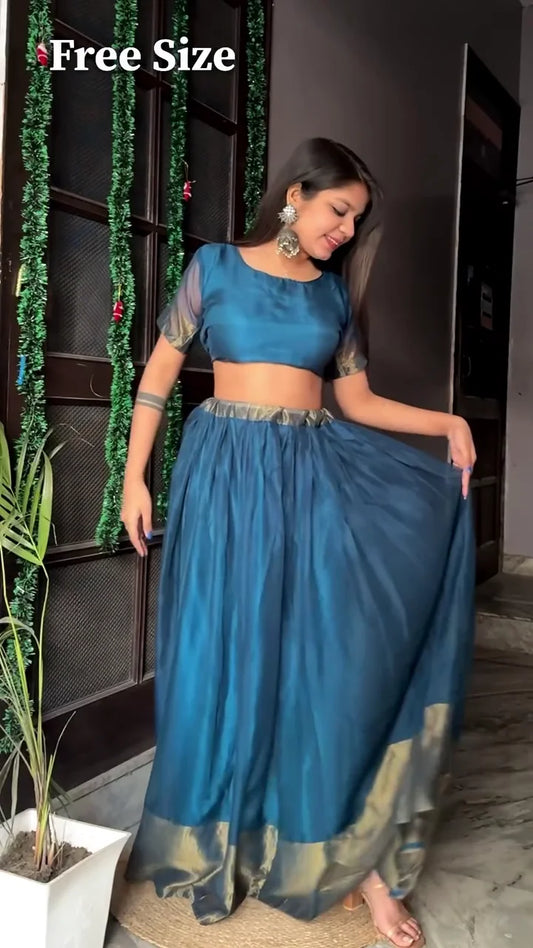 Blue Lehenga Choli Set with Sheer Sleeves and a Golden Border, Featuring a Flowy Skirt with a Stunning Embellished Waistband