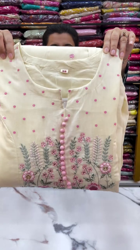 Elegant Cream Anarkali Kurti with Pink Floral Embroidery and Delicate Polka Details – Festive & Party Wear Dress