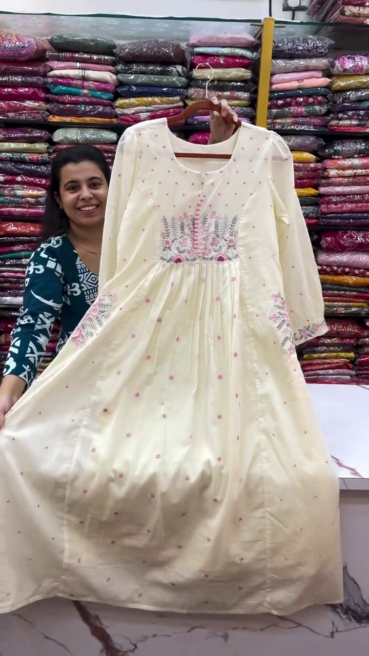 Elegant Cream Anarkali Kurti with Pink Floral Embroidery and Delicate Polka Details – Festive & Party Wear Dress