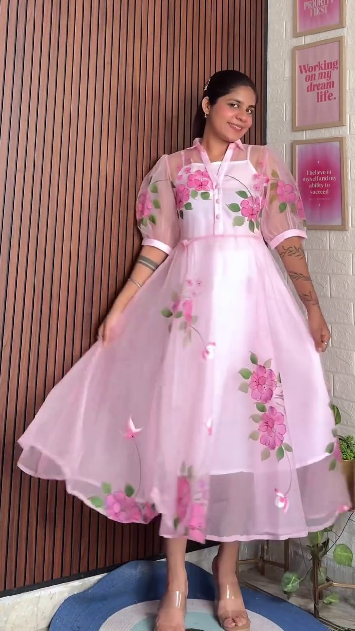 Floral Pink Sheer Dress with Elegant Embroidered Roses and Flowing Silhouette for a Feminine, Graceful Look