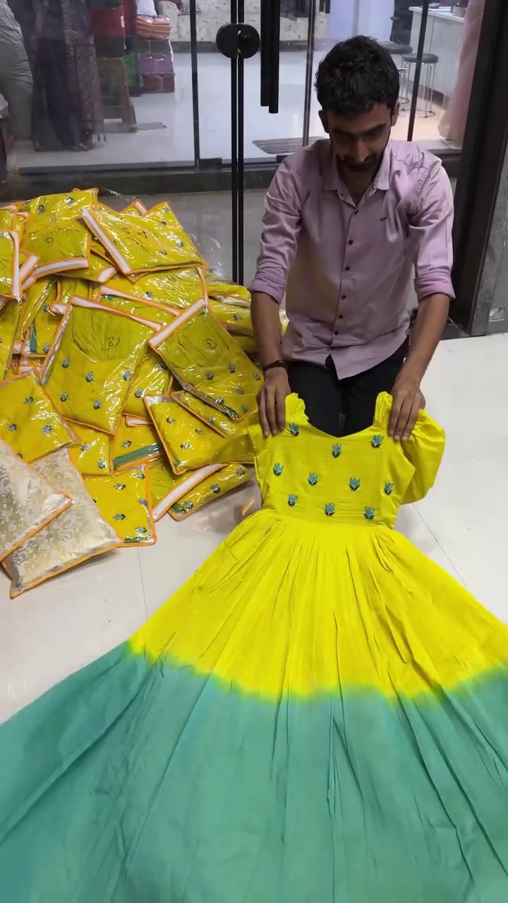 Beautiful Yellow and Green Ombre Long Gown with Sleeveless Embroidered Bodice, Flared Floor-Length Dress for Party, Wedding, Festival and Special Occasions