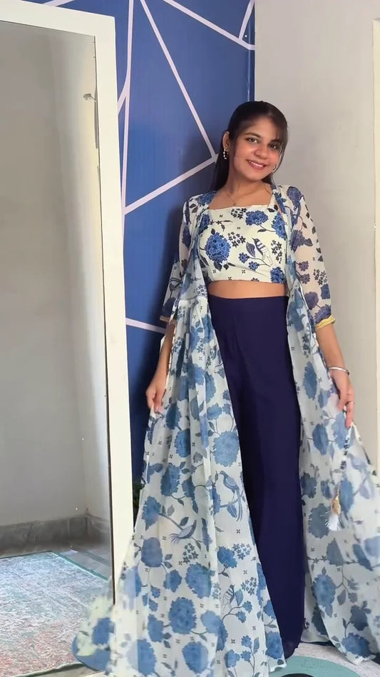 Floral Printed Crop Top and Flowing Dupatta Set in Soft Blue and White, Paired with Navy Blue Palazzo Pants for a Chic and Comfortable Look
