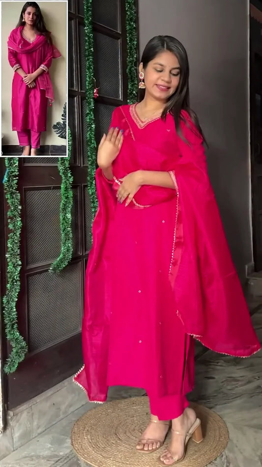 Vibrant Fuchsia Pink Salwar Kameez Set with Intricate Embellishments, Featuring a Stylish V-neckline, Matching Dupatta with Elegant Border