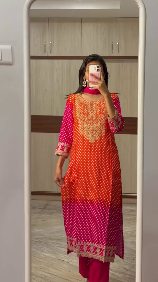 Orange & Pink Polka Embroidered Kurti with Dupatta – Festive Wear