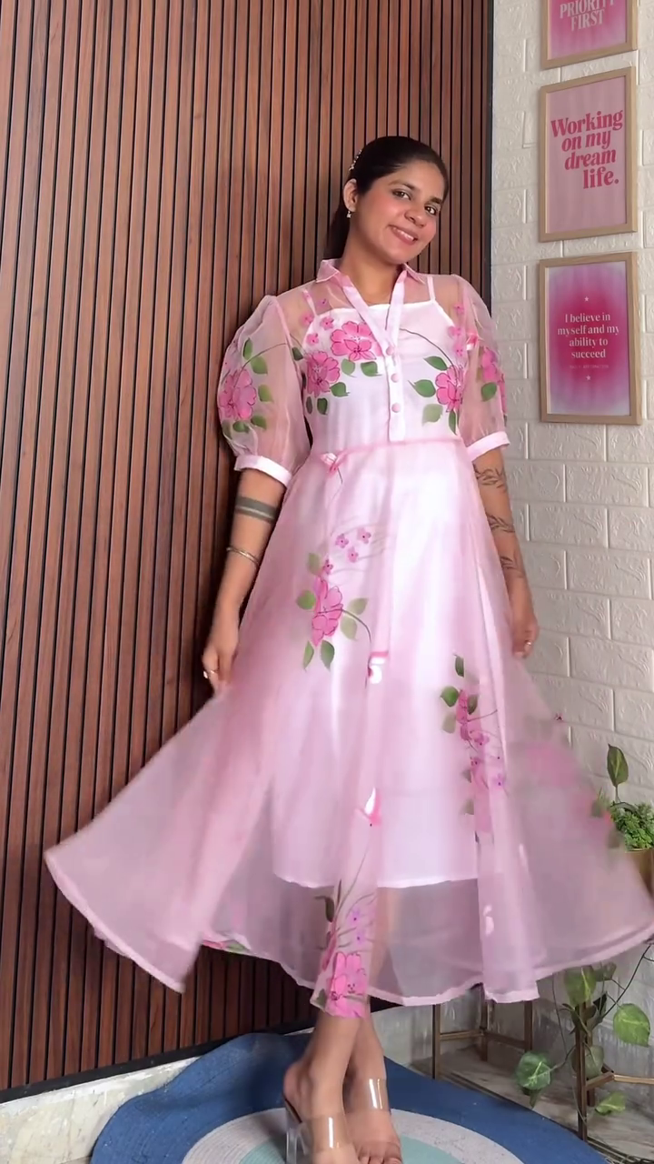 Floral Pink Sheer Dress with Elegant Embroidered Roses and Flowing Silhouette for a Feminine, Graceful Look