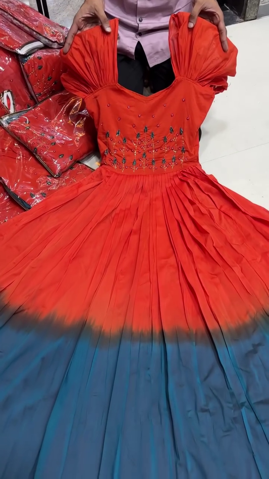 Beautiful Yellow and Green Ombre Long Gown with Sleeveless Embroidered Bodice, Flared Floor-Length Dress for Party, Wedding, Festival and Special Occasions