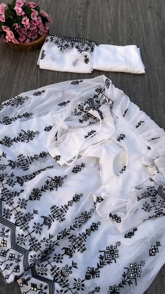 White Anarkali Dress with Intricate Black Embroidery & Matching Dupatta – Perfect for Parties & Festive Occasions