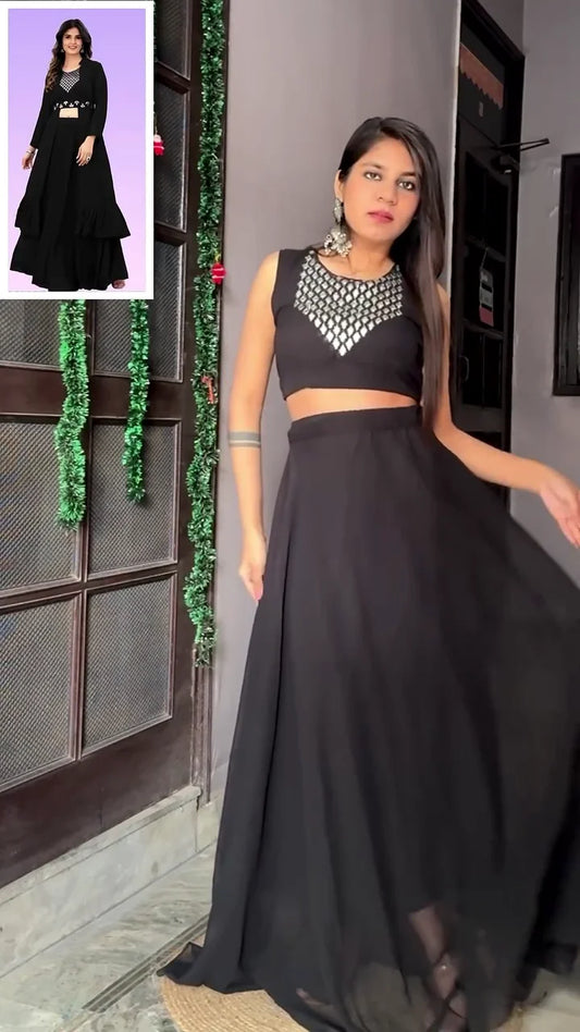 Stylish Black Crop Top and Flared Skirt Set with Intricate Silver Embellishments on the Bodice, Perfect for Evening Parties
