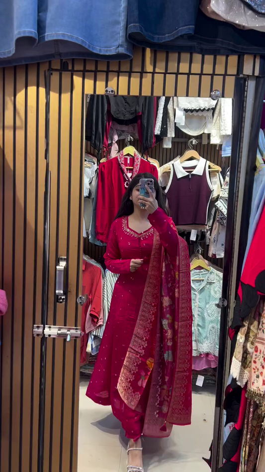 Deep Red Embroidered Kurti Set with Woven Dupatta – Elegant Wear