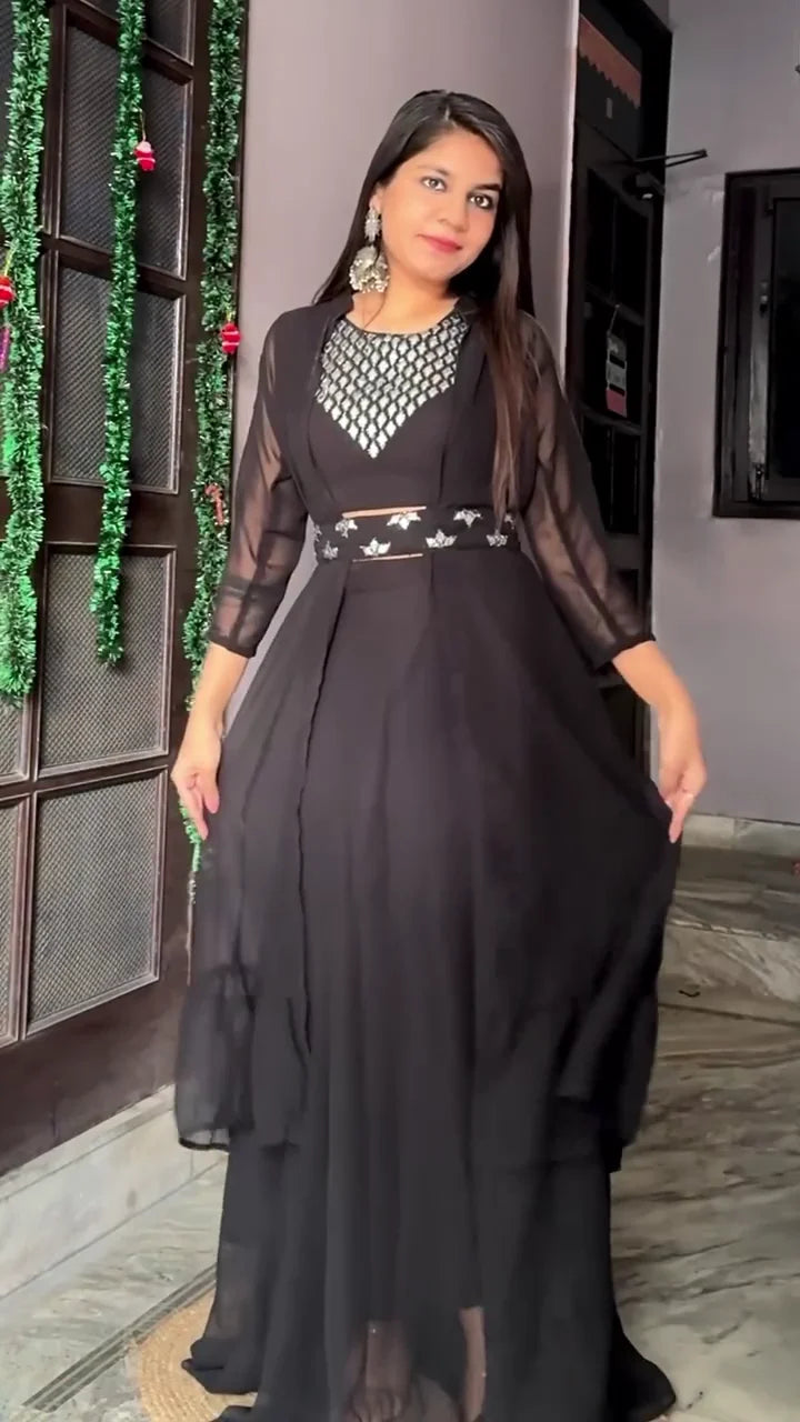 Designer Black Embroidered Anarkali Gown with Sheer Sleeves – Elegant Party & Wedding Wear Indian Ethnic Dress for Women