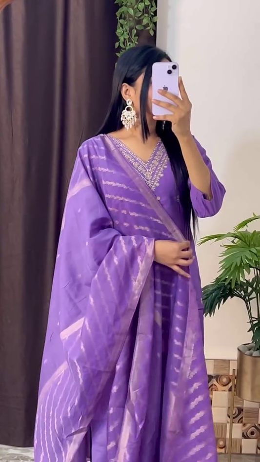 Royal Blue Embroidered Anarkali Dress with Cross-Stitched Silver Detailing and Elegant Matching Dupatta for a Glamorous Traditional Look