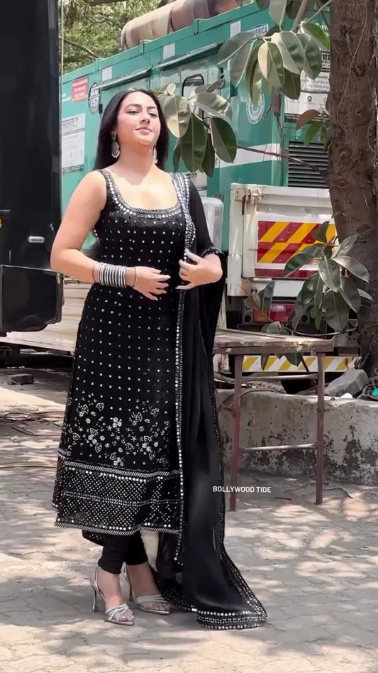 Chic Black Anarkali Dress with Intricate Silver Embroidery and Sequin Work – Featuring a Flared Skirt, Embellished Neckline