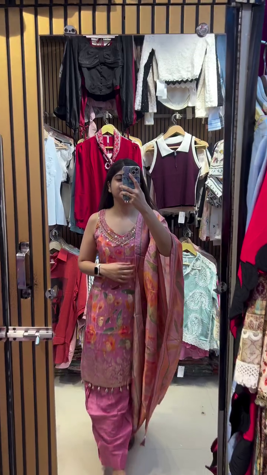 Pink Floral Printed Kurti Set with Embellished Neckline & Dupatta – Festive Look
