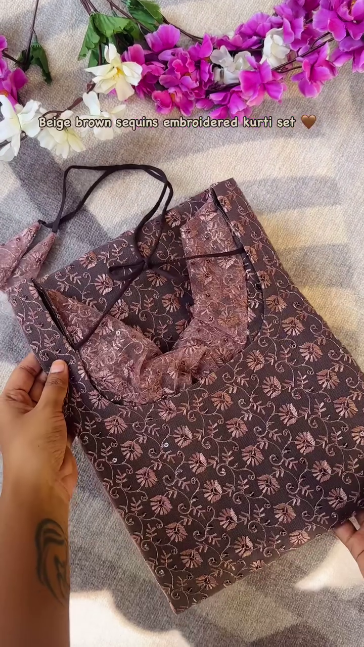 Stylish Brown Floral Printed Long Gown with Matching Dupatta, Embroidered Border Detailing, Ethnic Anarkali Style Dress for Wedding, Party and Festive Wear