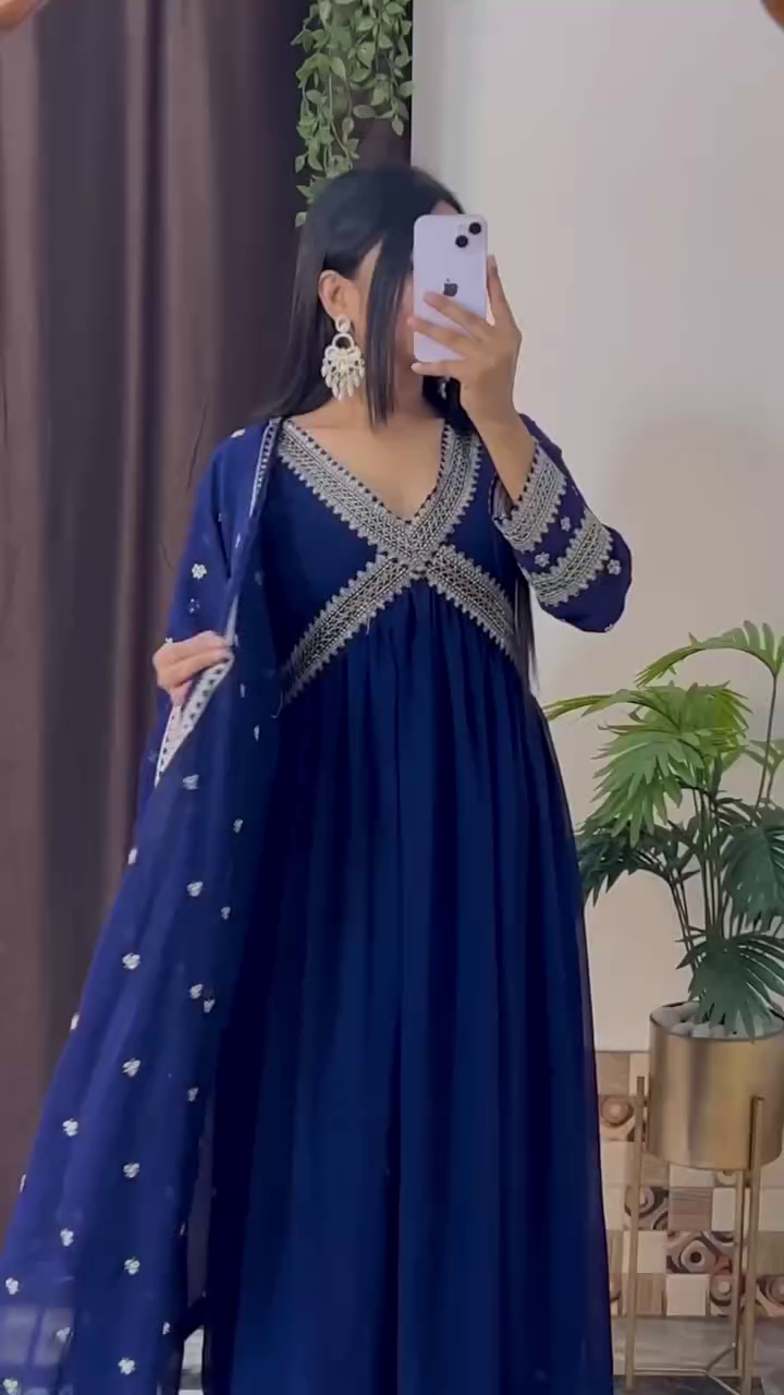 Royal Blue Embroidered Anarkali Dress with Cross-Stitched Silver Detailing and Elegant Matching Dupatta for a Glamorous Traditional Look