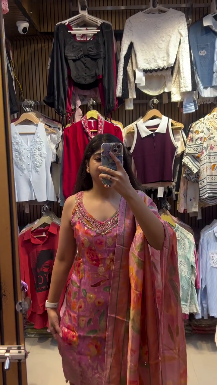 Pink Floral Printed Kurti Set with Embellished Neckline & Dupatta – Festive Look