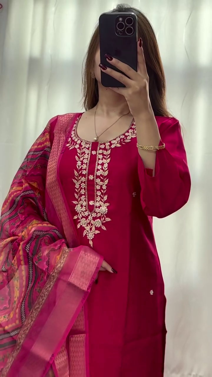 Wine Pink Embroidered Kurta Set with Matching Pants and Printed Dupatta, Traditional Ethnic Suit for Wedding, Party and Festive Wear