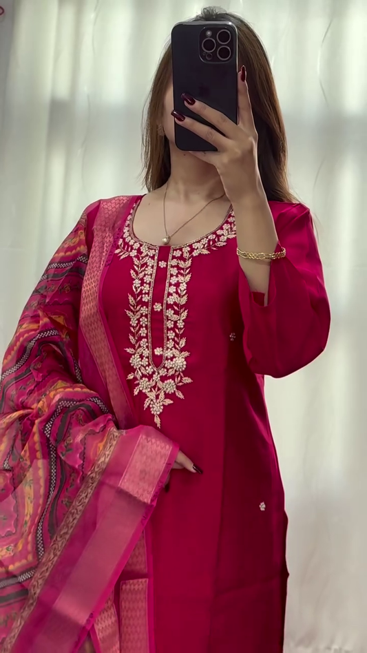 Wine Pink Embroidered Kurta Set with Matching Pants and Printed Dupatta, Traditional Ethnic Suit for Wedding, Party and Festive Wear