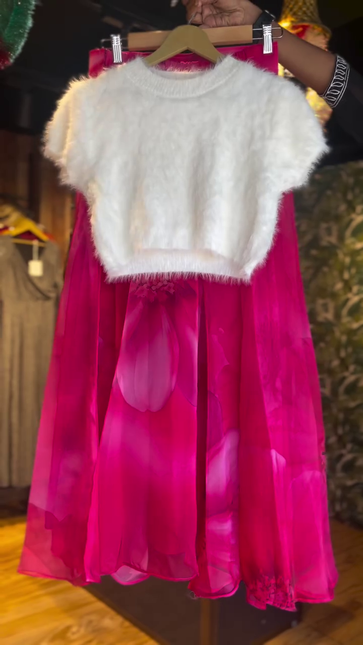 White Fuzzy Crop Top with Pink Floral Layered Skirt – Indo-Western Fusion