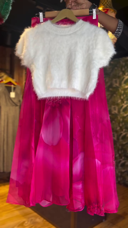 White Fuzzy Crop Top with Pink Floral Layered Skirt – Indo-Western Fusion