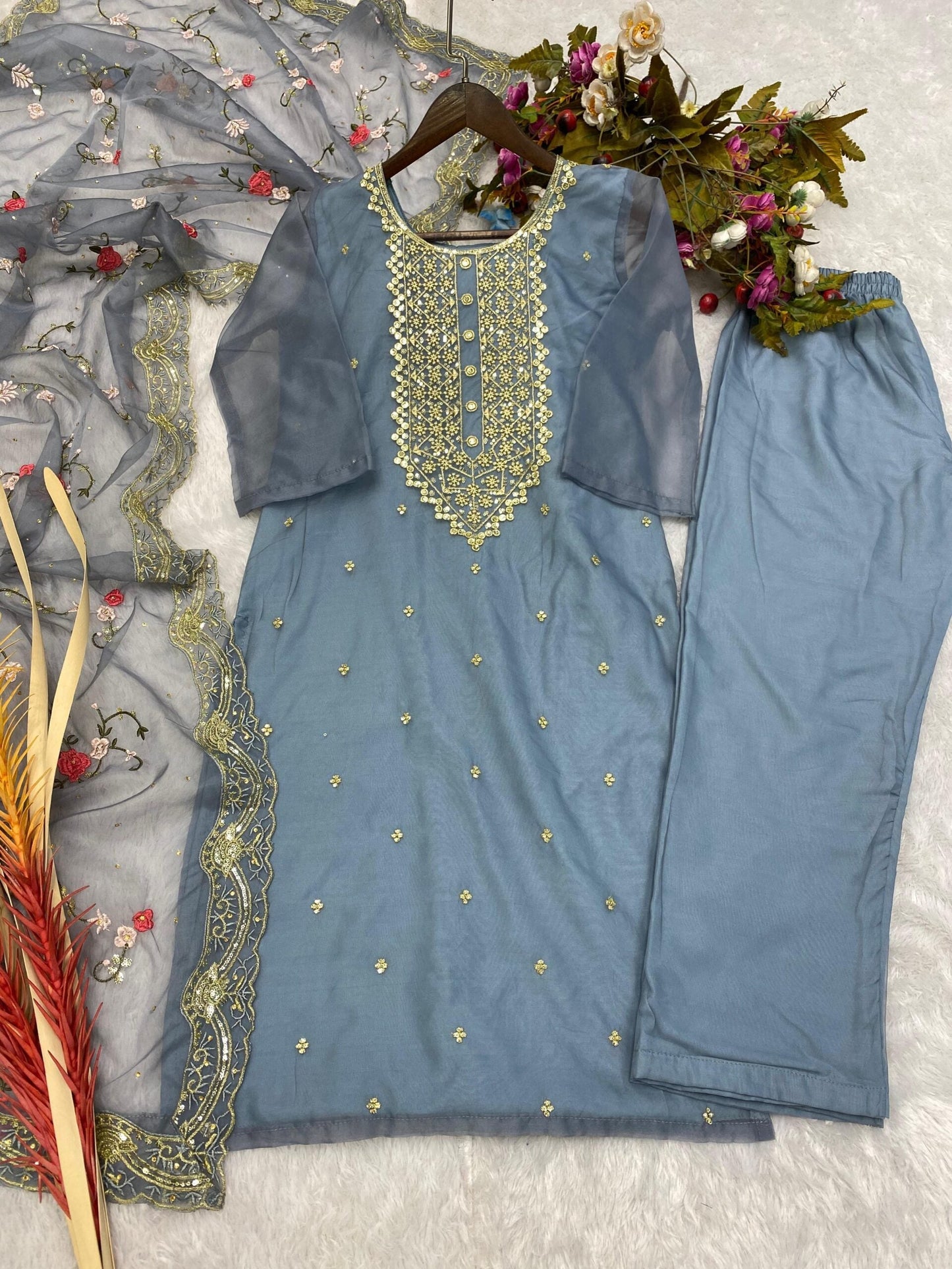 Beautiful Designer Top Orgenza With Sequence Embroidered Work With Pant And Dupatta
