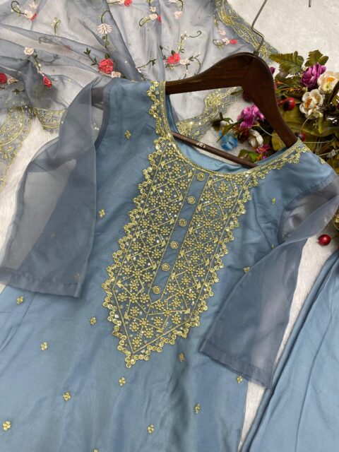 Beautiful Designer Top Orgenza With Sequence Embroidered Work With Pant And Dupatta