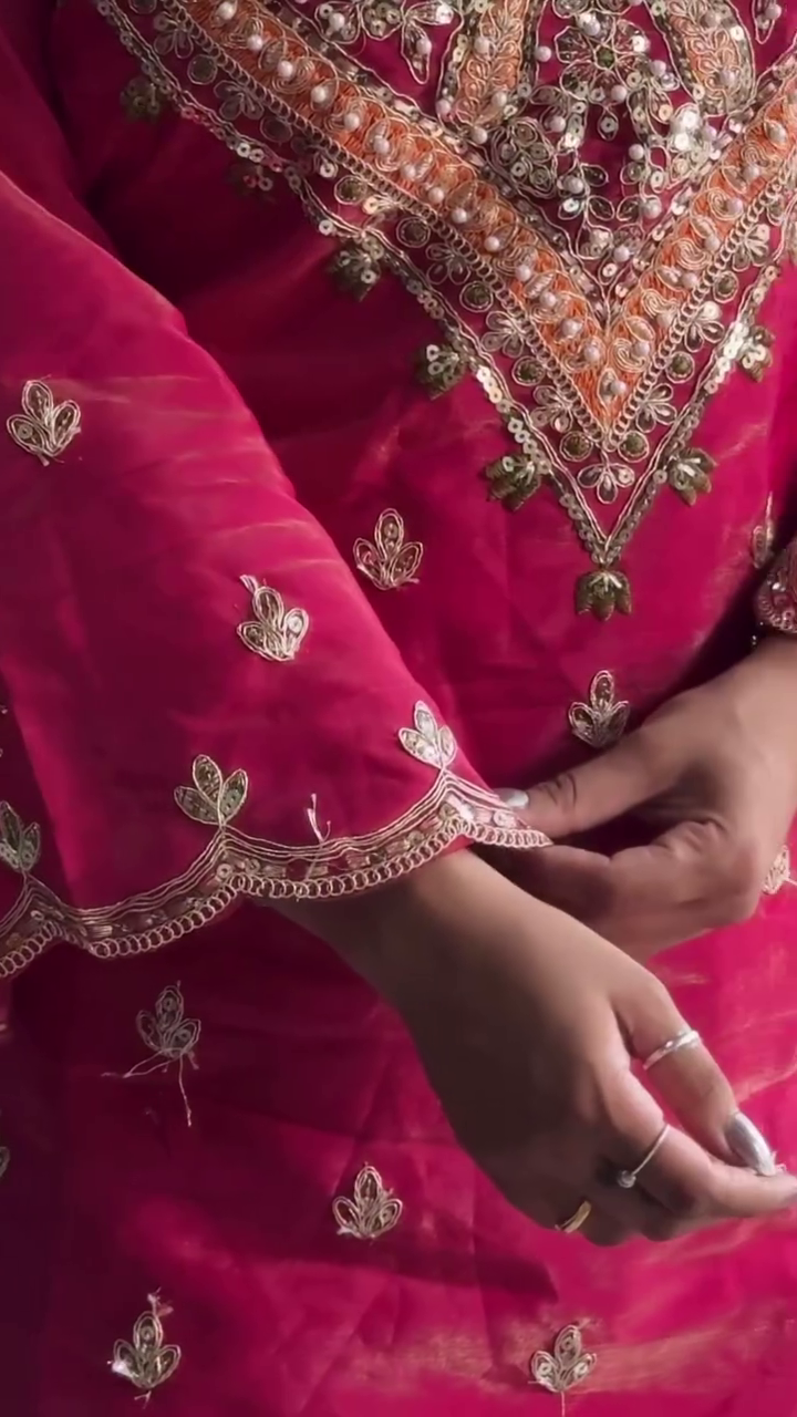 Embroidered Magenta Pink Ethnic Sharara Suit Set Featuring Heavily Embellished Neckline, Scalloped Dupatta with Zari Detailing, and Flared Bottoms – Perfect for Wedding and Festive Occasions