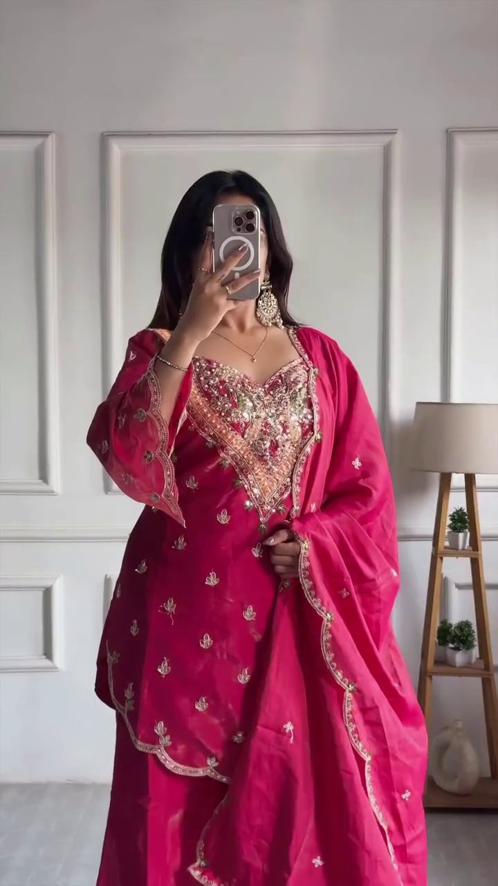 Embroidered Magenta Pink Ethnic Sharara Suit Set Featuring Heavily Embellished Neckline, Scalloped Dupatta with Zari Detailing, and Flared Bottoms – Perfect for Wedding and Festive Occasions