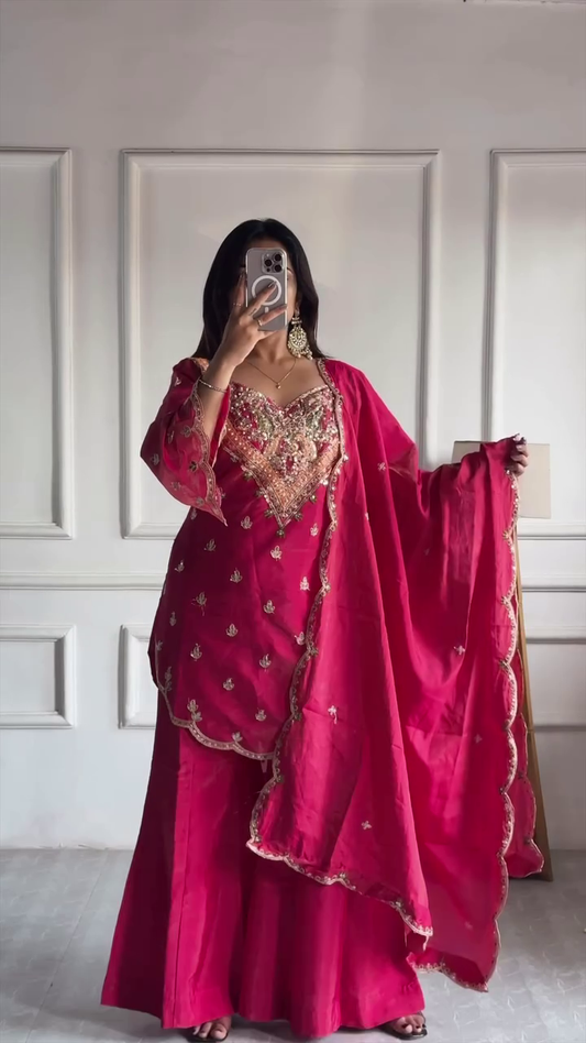 Embroidered Magenta Pink Ethnic Sharara Suit Set Featuring Heavily Embellished Neckline, Scalloped Dupatta with Zari Detailing, and Flared Bottoms – Perfect for Wedding and Festive Occasions