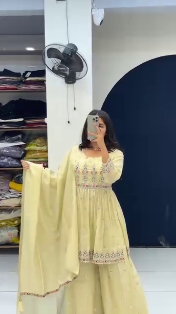 Pastel Yellow Embroidered Sharara Suit Set with Mirror Work Detailing, Flared Kurti, and Matching Dupatta – Perfect for Festive and Wedding Occasions