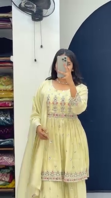 Pastel Yellow Embroidered Sharara Suit Set with Mirror Work Detailing, Flared Kurti, and Matching Dupatta – Perfect for Festive and Wedding Occasions