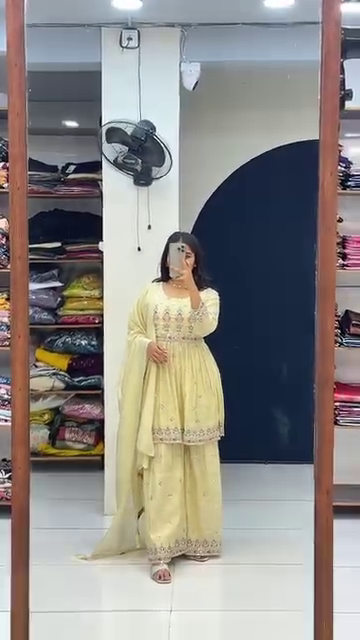 Pastel Yellow Embroidered Sharara Suit Set with Mirror Work Detailing, Flared Kurti, and Matching Dupatta – Perfect for Festive and Wedding Occasions