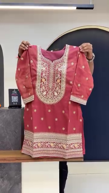 Rust Pink Ethnic Suit Set Heavily Embroidered Straight Kurti with Intricate Neckline Design, Gathered Flared Bottom and Matching Sheer Dupatta Accentuated with Embroidered Borders – Perfect for Traditional Occasions