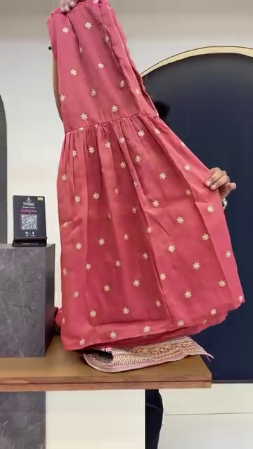 Rust Pink Ethnic Suit Set Heavily Embroidered Straight Kurti with Intricate Neckline Design, Gathered Flared Bottom and Matching Sheer Dupatta Accentuated with Embroidered Borders – Perfect for Traditional Occasions