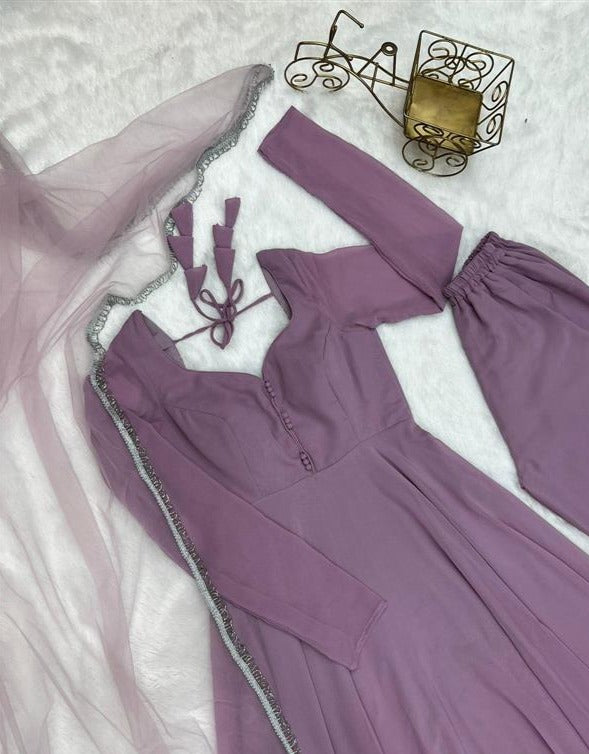 Purple Color Pure Soft Fox Georgette Fully Flair Gown,duppta Set Ready To Wear Fully Sttiched